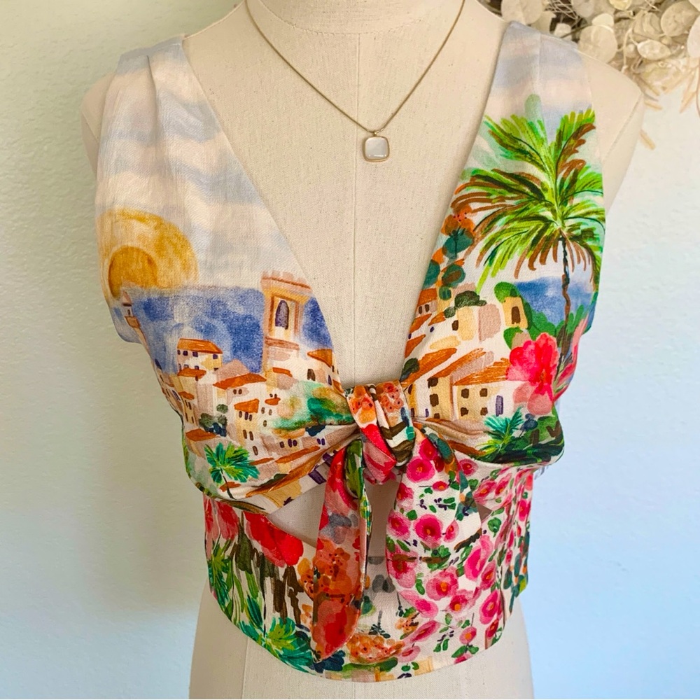 🌴 ZARA Printed Knot Top Colorful Vibrant Art Palm Trees Resort Scenery Print S